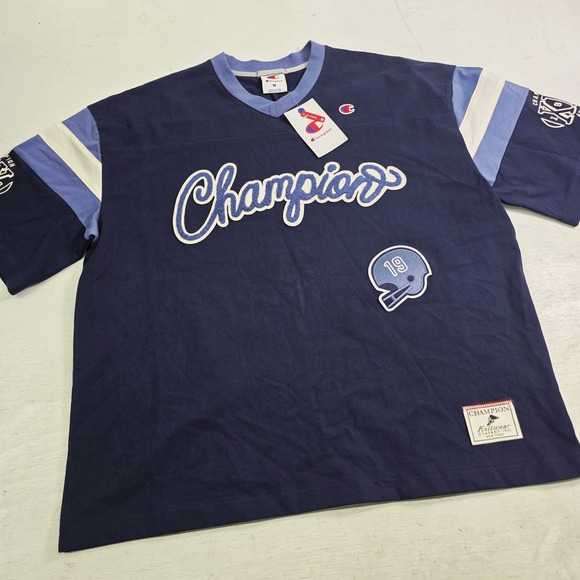 Champion Knitwear Men's V-Neck Retro Varsity Patch Jersey Shirt Navy Sz M NWT - Picture 2 of 14